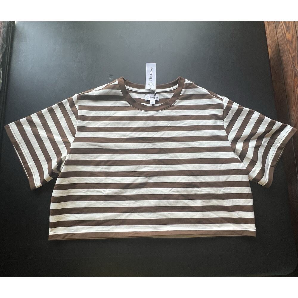 The Drop Women's Sydney SS Cropped Crew Neck T-Shirt Sz L Coffee Bean/White Pin